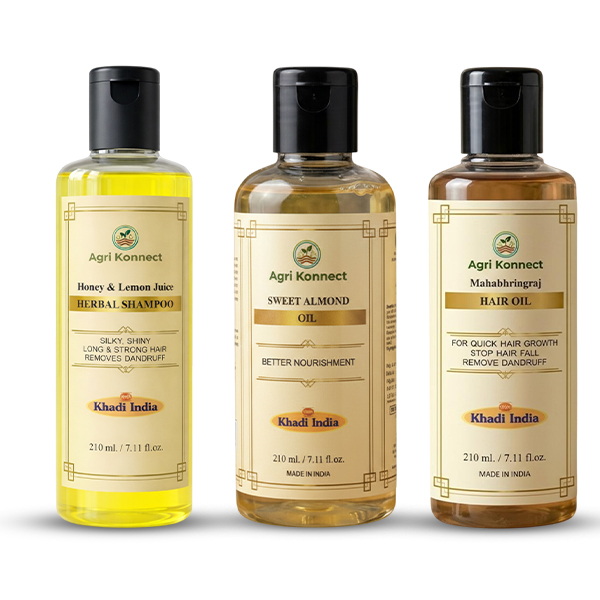 Honey Shampoo, Mahabhringraj Oil & Almond Hair Oil Combo (210ml each), thoughtfully designed to provide complete cleansing, nourishment, and strengthening for healthier hair from root to tip. The Honey Shampoo gently cleanses the scalp by removing dirt, excess oil, and impurities while maintaining natural moisture, leaving hair soft, smooth, and hydrated. The Mahabhringraj Oil helps strengthen hair roots, reduce hair fall, and support thicker, healthier-looking hair. Complementing both, the Almond Hair Oil deeply nourishes the scalp and hair with essential nutrients, improving softness, shine, and manageability. Together, this powerful trio enhances scalp health, improves hair texture, and promotes stronger, smoother, and more resilient hair with regular use, making it suitable for both men and women across all hair types.